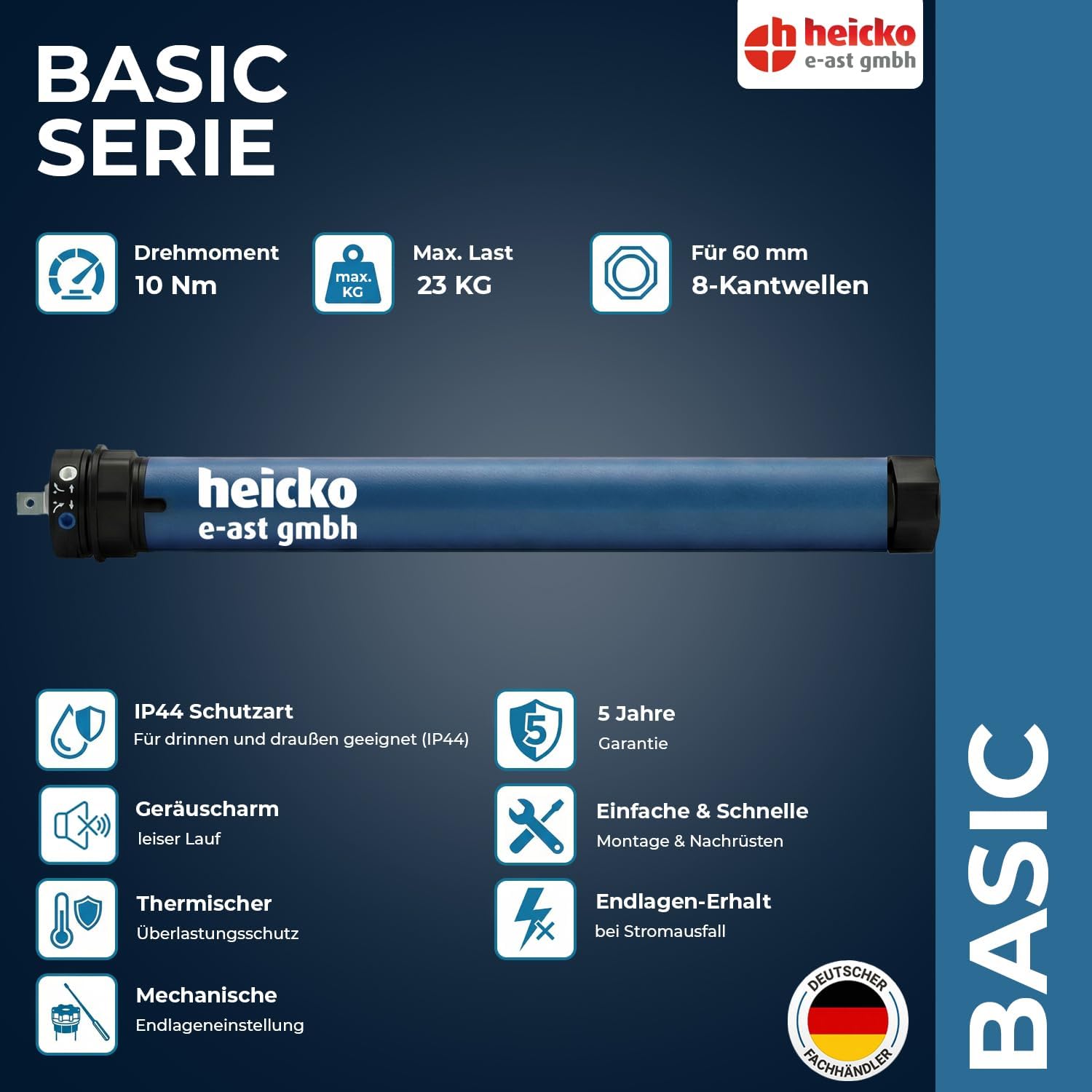 heicko Rollladenmotor | 10 Nm für SW60 Achtkantwelle | 23kg Zugkraft | Ohne Funk | Mechanische Endschalter | Leiser Rohrmotor | Wartungsfrei | IP44 Schutz für Innen und Außen 2