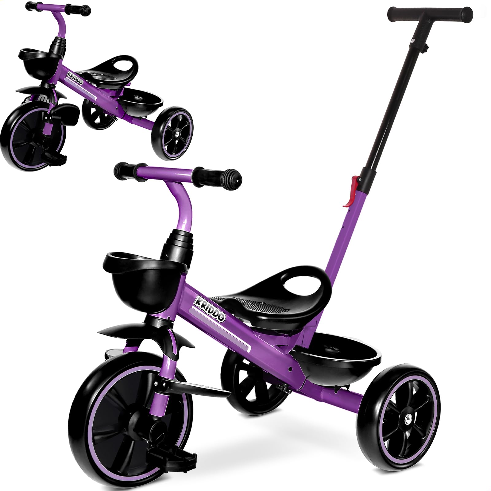 KRIDDO 2-in-1 Toddler Tricycle for Ages 18 Months to 5 Years Old - Extended Push Handle for Effortless Push, Gift Trike for Toddler 3 to 5 Year, Kids Tricycle with Foldable Front Footrest, Purpe