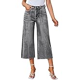 GRAPENT Jean Capris for Women Wide Leg Jeans High Waisted Seamed Front Raw Hem Denim Capri Pants Stretchy