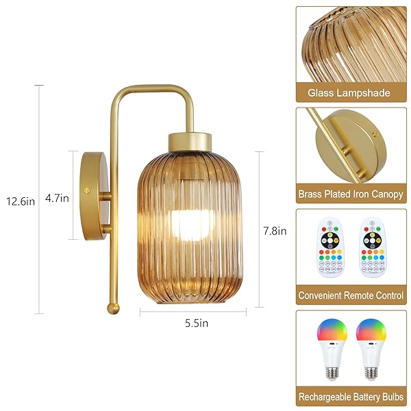 LAMSU VINTAGE GOLD WIRELESS WALL SCONCES BATTERY OPERATED, RECHARGEABLE WALL LIGHTS SET OF 2 WITH AMBER STRIPE GLASS SHADE, REMOTE AND BULB, CORDLESS SCONCES WALL DECOR FOR BEDROOM LIVING ROOM