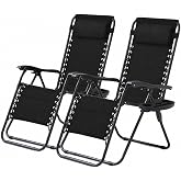 SUWT 2 Pack Zero Gravity Outdoor Recliner Chair, 330LBS Weight Capacity, Folding Patio Lounge Chair with Detachable Tray &amp; Adjustable Headrest for Camping Beach Patio, Black