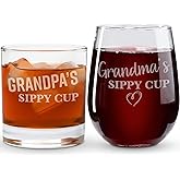 On The Rox Drinks Grandma and Grandpa Gifts - 17oz Grandma's and 11oz Grandpa's Sippy Cups, Set of 2- Gift Wine and Whiskey Glasses - Gift Ideas for First-Time Grandmother or New Grandparents