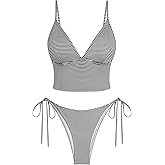 ZAFUL Women's Spaghetti Strap Tankini Swimsuits V Neck Tummy Control Tie Side Thong Bikini Swimsuits 2 Piece Bathing Suits