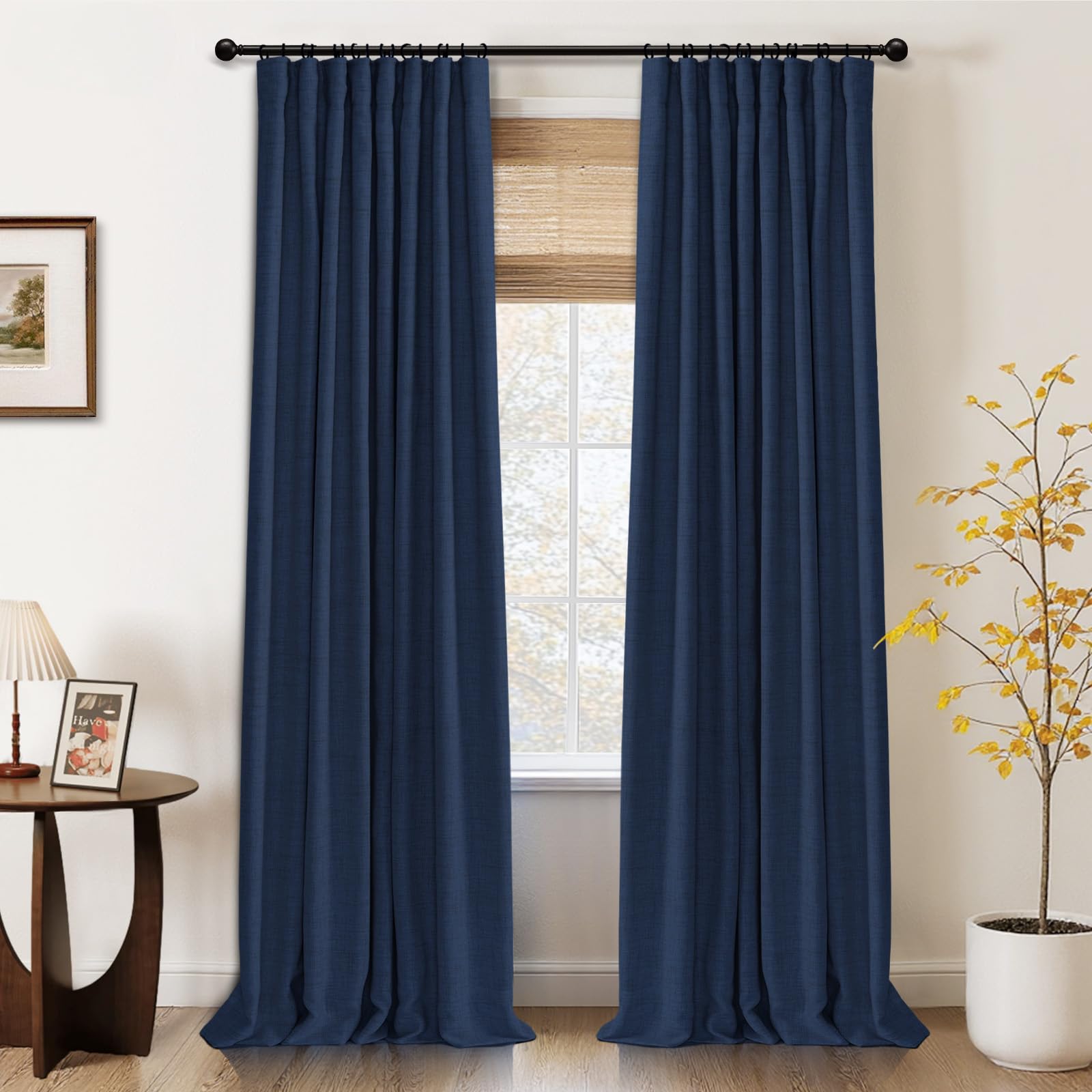 Photo 1 of 100% Blackout Shield Full Blackout Curtains for Bedroom 72 inch Length 2 Panels Set, Clip Rings/Rod Pocket Faux Linen Black Out Curtains for Living Room, Thermal Insulated, 50Wx72L, Midnight Blue