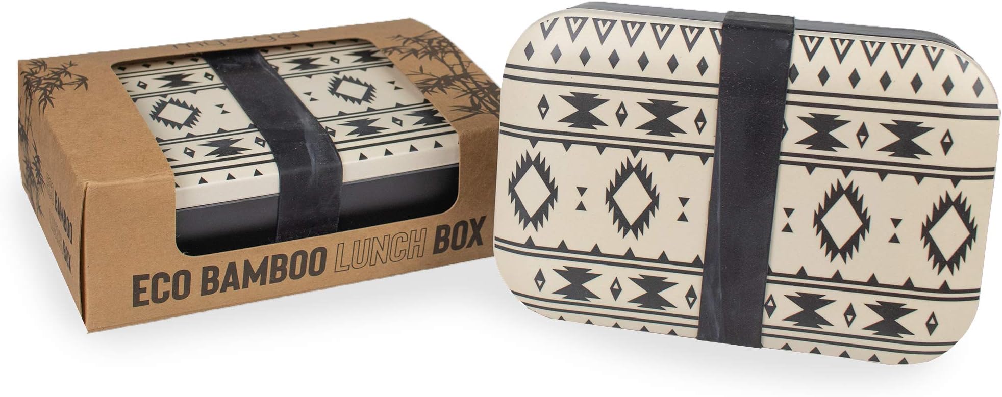 Myga Aztec Reusable Eco-Friendly Lunch Box for Adults and Kids - Bamboo Fibre Sandwich Box - Natural Travel Lunchbox with Silicon Strap - Organic Biodegradable BPA Free Lightweight