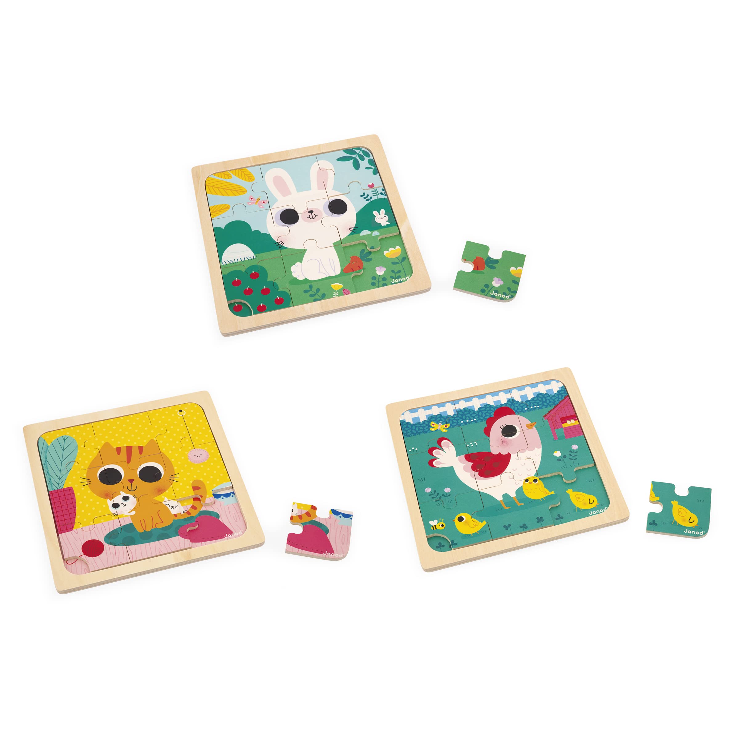Janod - 3x 9-Piece Wooden Puzzles - Hen, Cat & Rabbit - Children’s Toy - Early-Years Educational Game - 18 Months +, J07113