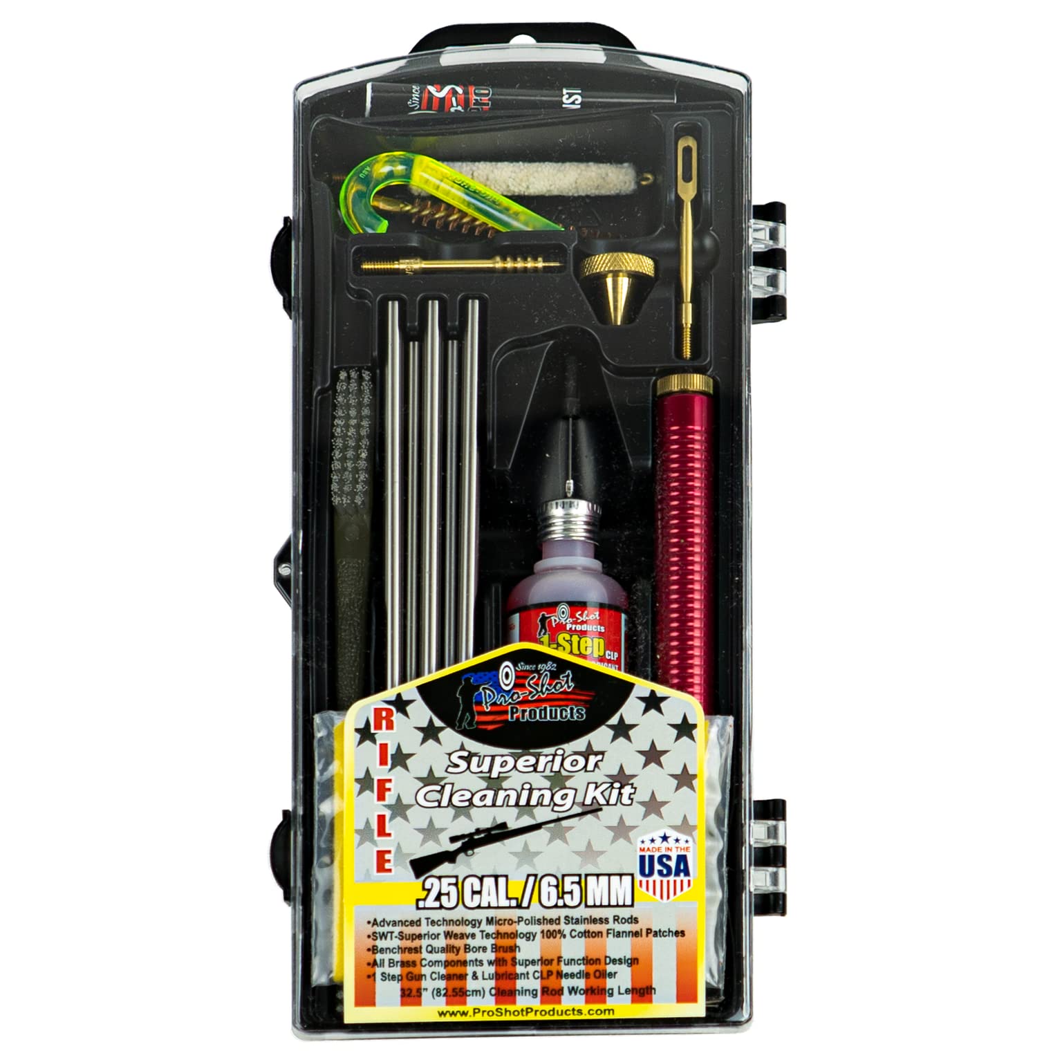 Pro-Shot 6.5mm / .25 Cal Rifle Cleaning Kit – Precision Bore Cleaning Set | Stainless Rods, Brass Jag, Bore Brush, Cotton Mop, Patches, CLP & Grease – Made in USA Image