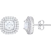 Sterling Silver Womens Cushion-Cut Round Cubic-Zirconia Square Fashion Stud Earrings