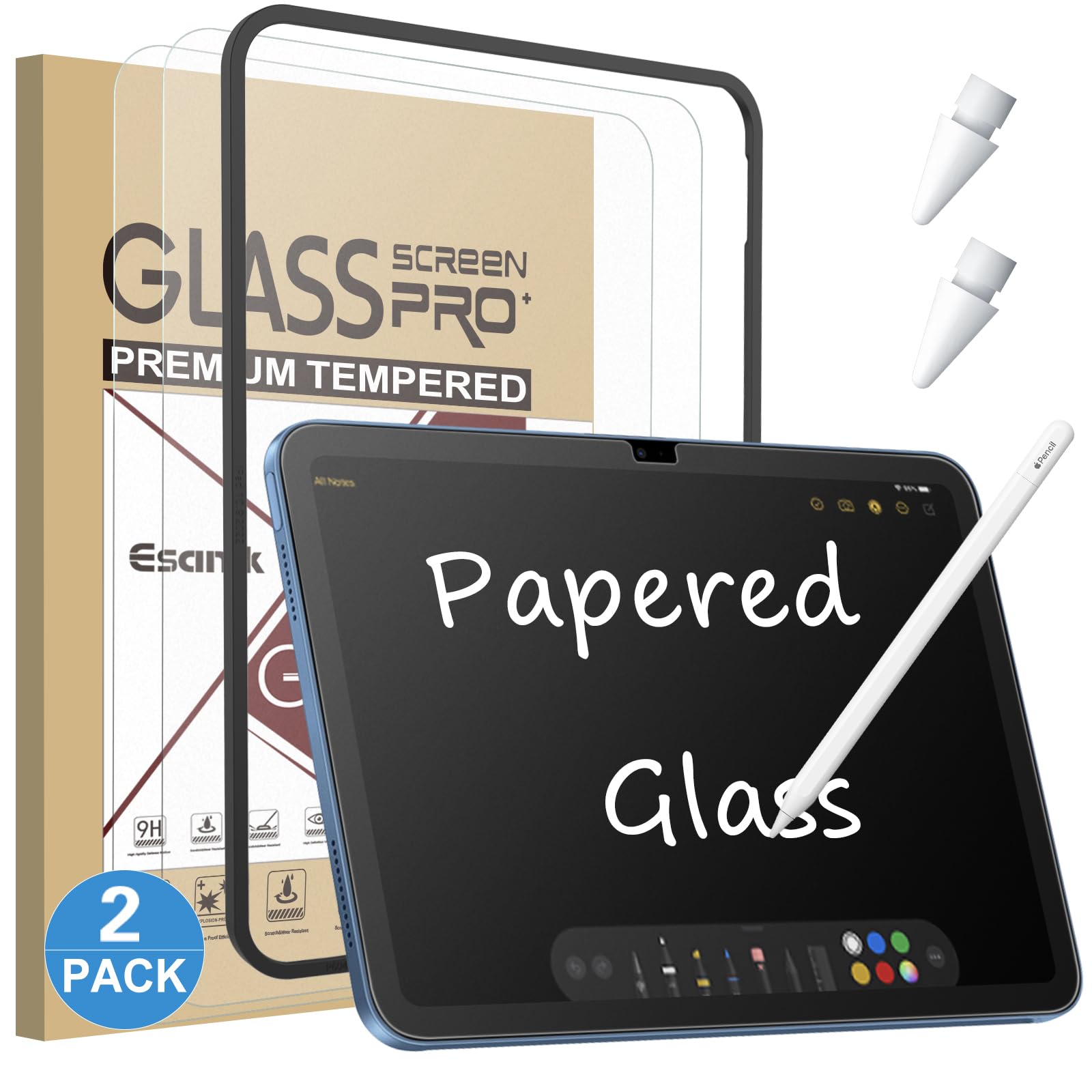 Photo 1 of Esanik 2 Pack Like Paper Glass Screen Protector for iPad 11th/10th Generation A16(11/10.9 Inch, 2025/2022) 9H Tempered Glass Film with Alignment Frame, Writing Like on Paper, Apple Pencil Compatible