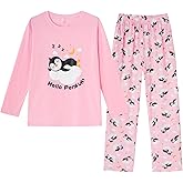 Hupohoi Girls Cotton Blend Pajama Sets Long Sleeve Long Pants Cartoon Sleepwear with Pockets Teen Girls 6 to 18 Years