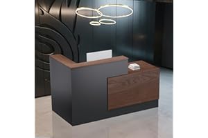 YORKGARGEN L-Shaped Large Wooden Reception Desk, Modern Front Desk Reception Counter with Lockable Drawers & Storage & Keyboard Tray, for Checkout, Lobby (Left-Walnut/Gray, 71''L x 42''W x 41''H)