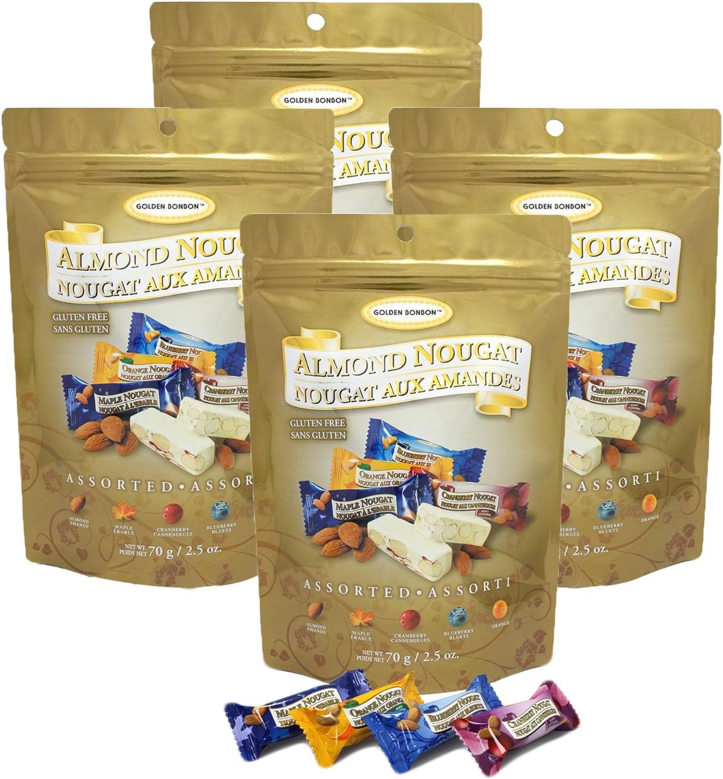 Golden Bonbon Gluten Free Almond Nougat Chewy Candy 2.5oz, 4 Packs (Assorted Soft)