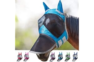 Harrison Howard CareMaster Pro Luminous Horse Fly Mask Large Eye Space Long Nose with Ears UV Protection for Horse Sky Blue L Full Size