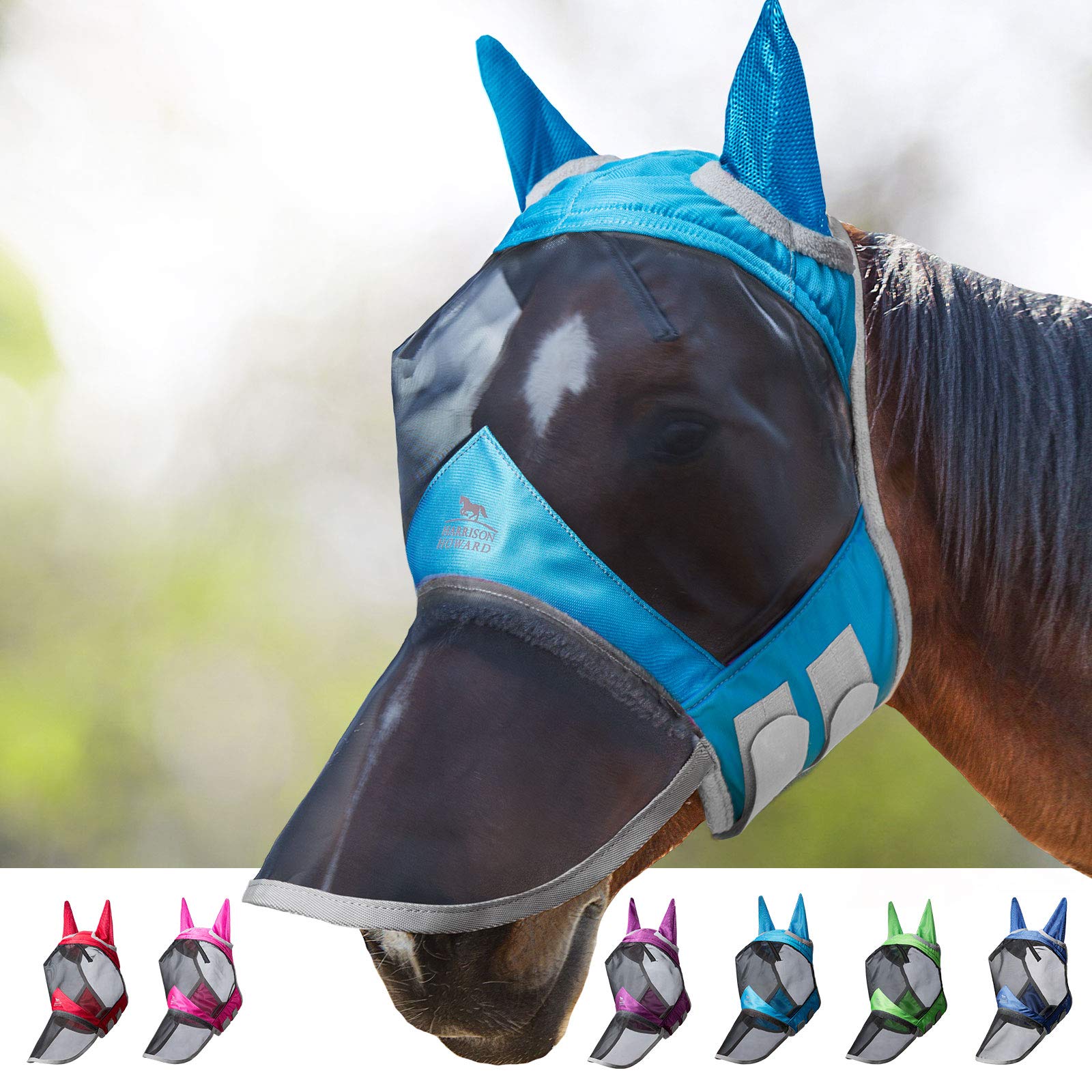Harrison Howard CareMaster Pro Luminous Horse Fly Mask Large Eye Space Long Nose with Ears UV Protection for Horse Voodoo Blue (M; Cob)