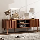 LCRBOL TV Stand for Living Room, Mid Century Modern Entertainment Center for 55/60 inch TVs, TV Console with Fluted Door Cabinets and Open Shelves, for Bedroom, Walnut