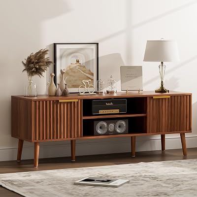 LCRBOL TV Stand for Living Room, Mid Century Modern Entertainment Center for 55/60 inch TVs, TV Console with Fluted Door Cabinets and Open Shelves, for Bedroom, Walnut