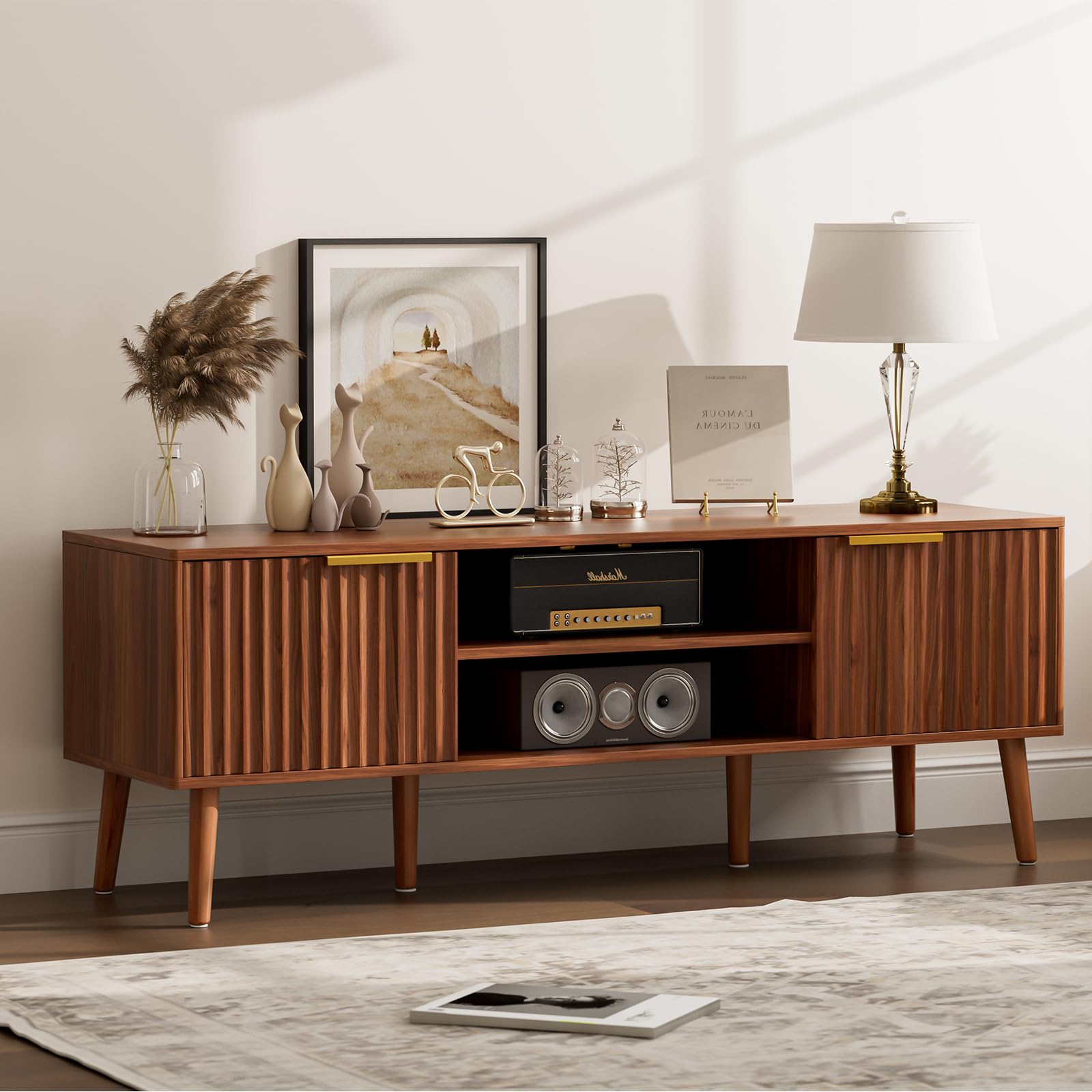 Photo 1 of **SCRAPES FROM TRANSPORT **LCRBOL TV Stand for Living Room, Mid Century Modern Entertainment Center for 55/60 inch TVs, TV Console with Fluted Door Cabinets and Open Shelves, for Bedroom, Walnut