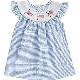 Toddler Baby Girl 4th of July Dress US Flag Plaid Short Sleeve Smocked Dresses Fourth of July Outfit for Girls