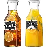 Set of 2 Square Glass Carafe, 1 Liter Clear Glass Pitcher with Lid, Beverage Serveware Carafe for Mimosa Bar, Coffee, Juice, Cold Water, Milk, Lemonade, Iced Tea