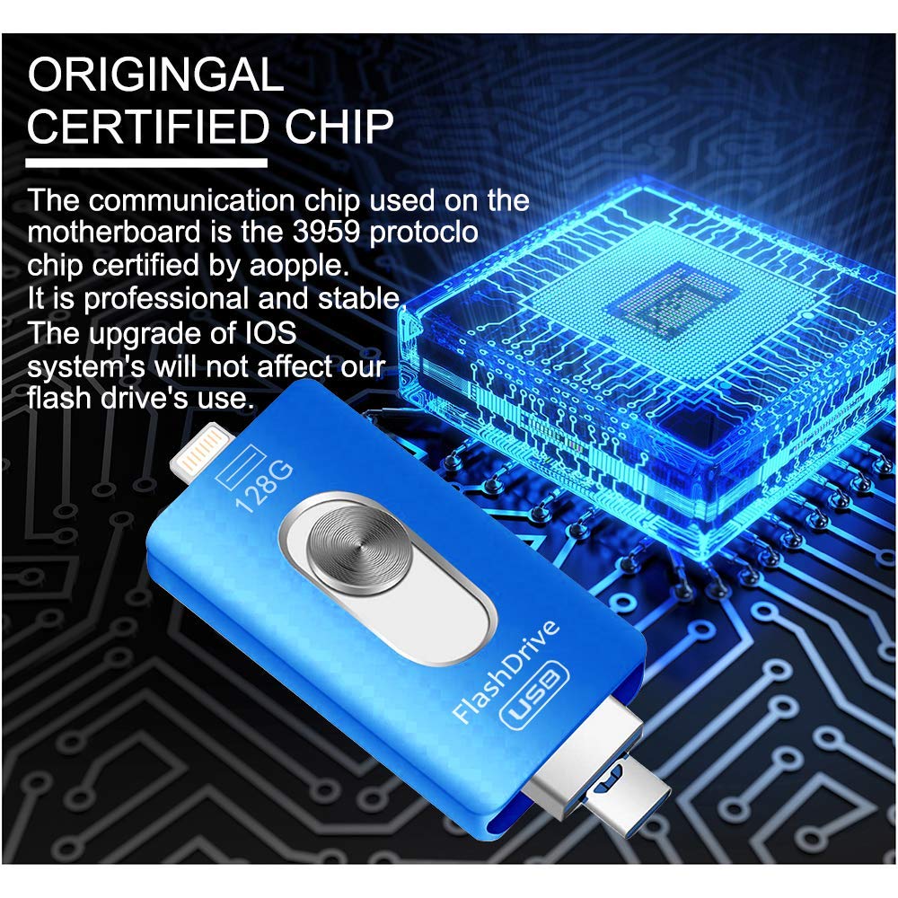 128GB USB Flash Drives for iPhone 4 in 1 iOS Memory Stick OTG Jump Drive External USB C/Micro USB Memory Storage Drive for Android/iOS and Computers (Blue)