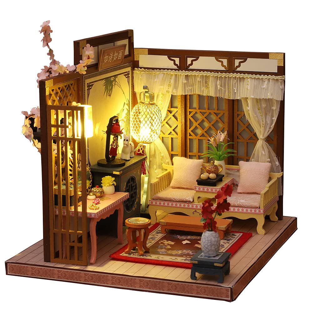 DIY Miniature Dollhouse Kit Chinese Dollhouse Kit Doll House Model Wooden Furniture for Valentine's Day Creative Gifts with LED Lights (painting)