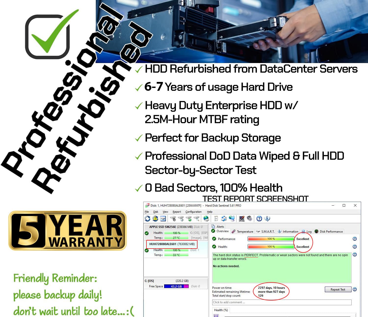HGST Ultrastar He8 Helium (HUH728080ALE601) 8TB 7200RPM 128MB Cache SATA 6.0Gb/s 3.5in Enterprise Hard Drive (Renewed)