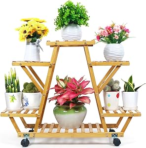 Foldify Bamboo Plant Stand with Wheels Multi-Layer Rolling Plant Flower Pots Holder Display Shelf Indoor&Outdoor Unit for Patio Corner Balcony Living Room Garden Yard (6 Flowerpots)