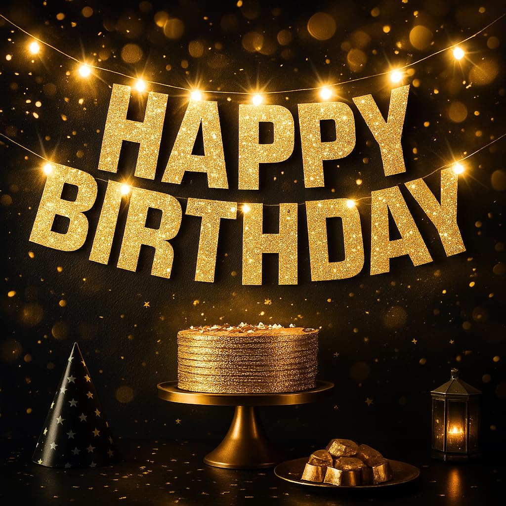 Photo 1 of KatchOn, Light Up Happy Birthday Banner - 10 Feet, 8 Modes | Glitter Golden Birthday Party Decorations | Gold Birthday Decorations For Women, Men, Girls & Boys | Happy Birthday Light Up Sign