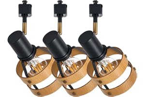 BISAMIYA Adjustable H-Type Track Lighting Heads, Modern Farmhouse 3-Pack Natural Pecan Wood and Brass Accent, Retail Display, Gallery Walls, E26 Base