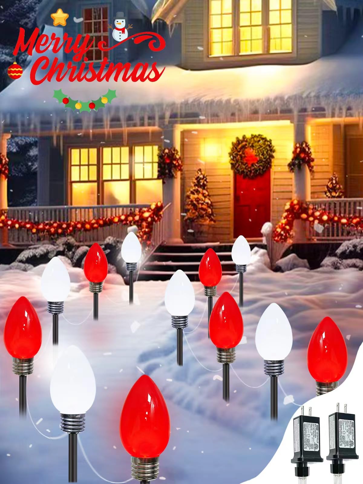 Photo 1 of 12 Pack Large C9 Christmas Decorations Outdoor, Waterproof C9 Christmas Lights Plug in with 2 Modes and Timer, Pathway Light for Party Indoor Yard Patio Walkway Garden Xmas Decoration (Red and White)