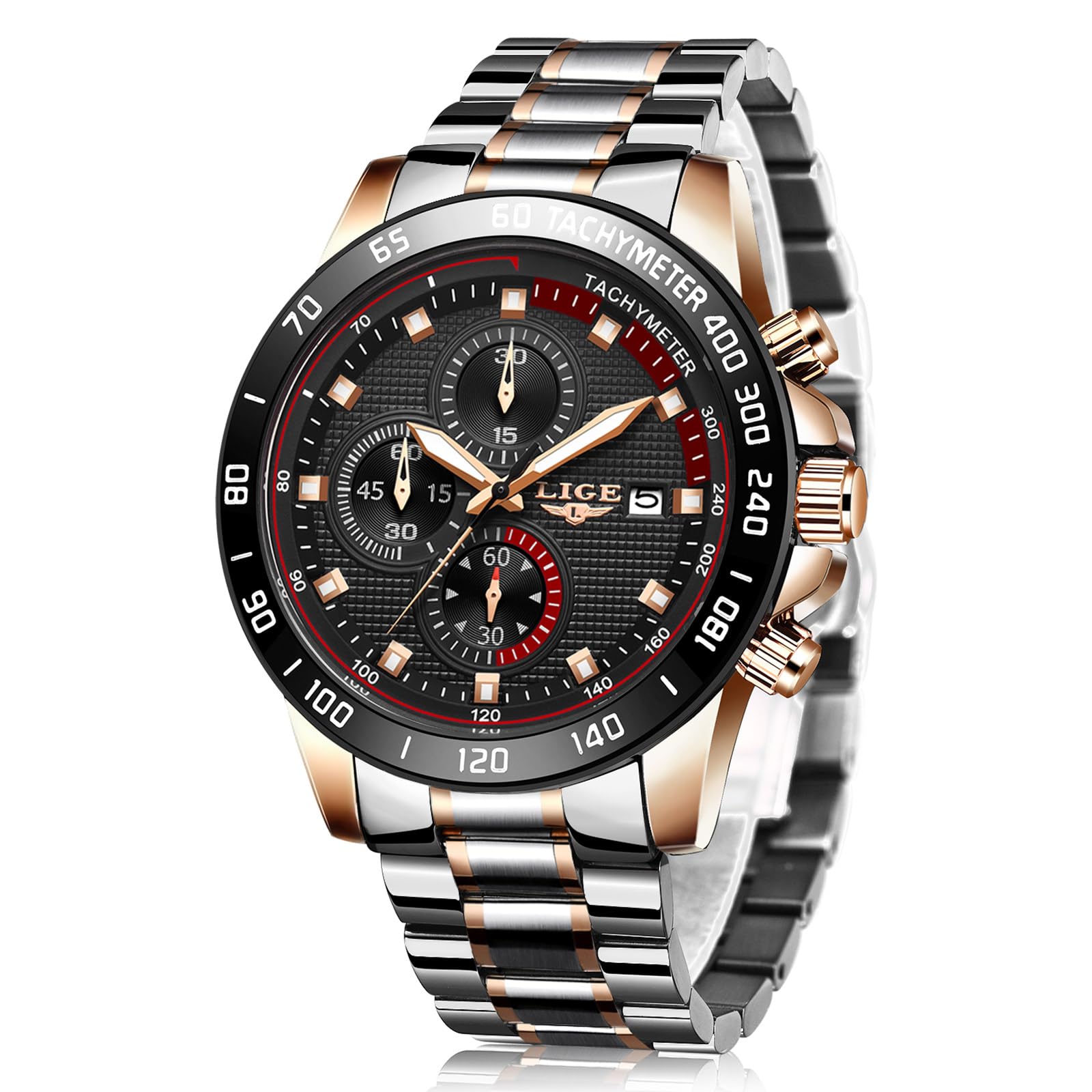 LIGE Mens Watches Stainless Steel Wrist Watch for Men Gents Chronograph Vintage Analogue 3ATM Waterproof Analog Men's Quartz Casual Classic Simple Business Luminous Hands with Date,Silver