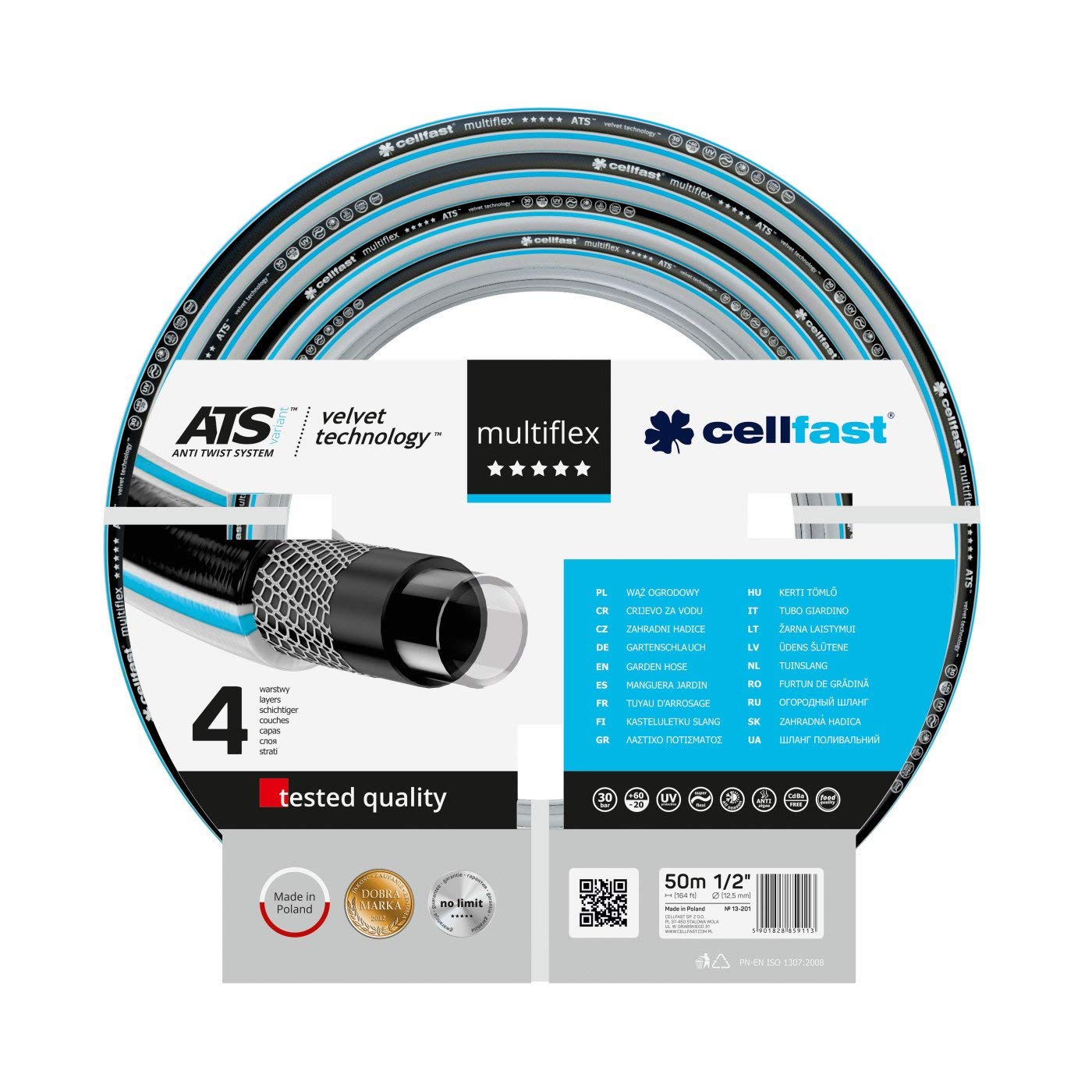 Cellfast Garden Hose MULTIFLEX ATSV™ 1/2'' 50m, Flexible 4-layer Hose, Double Braid with Cross and Tricot Fabric, 30 Bar Burst Pressure, 13-201