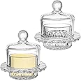 Frcctre 2 Pack Glass Butter Dish, Small Round Glass Butter Keeper with Dome Lid and Handle, Clear Butter Serving Dish Decorative Crystal Butter Container Butter Cloche for Candy, Dessert, Jam