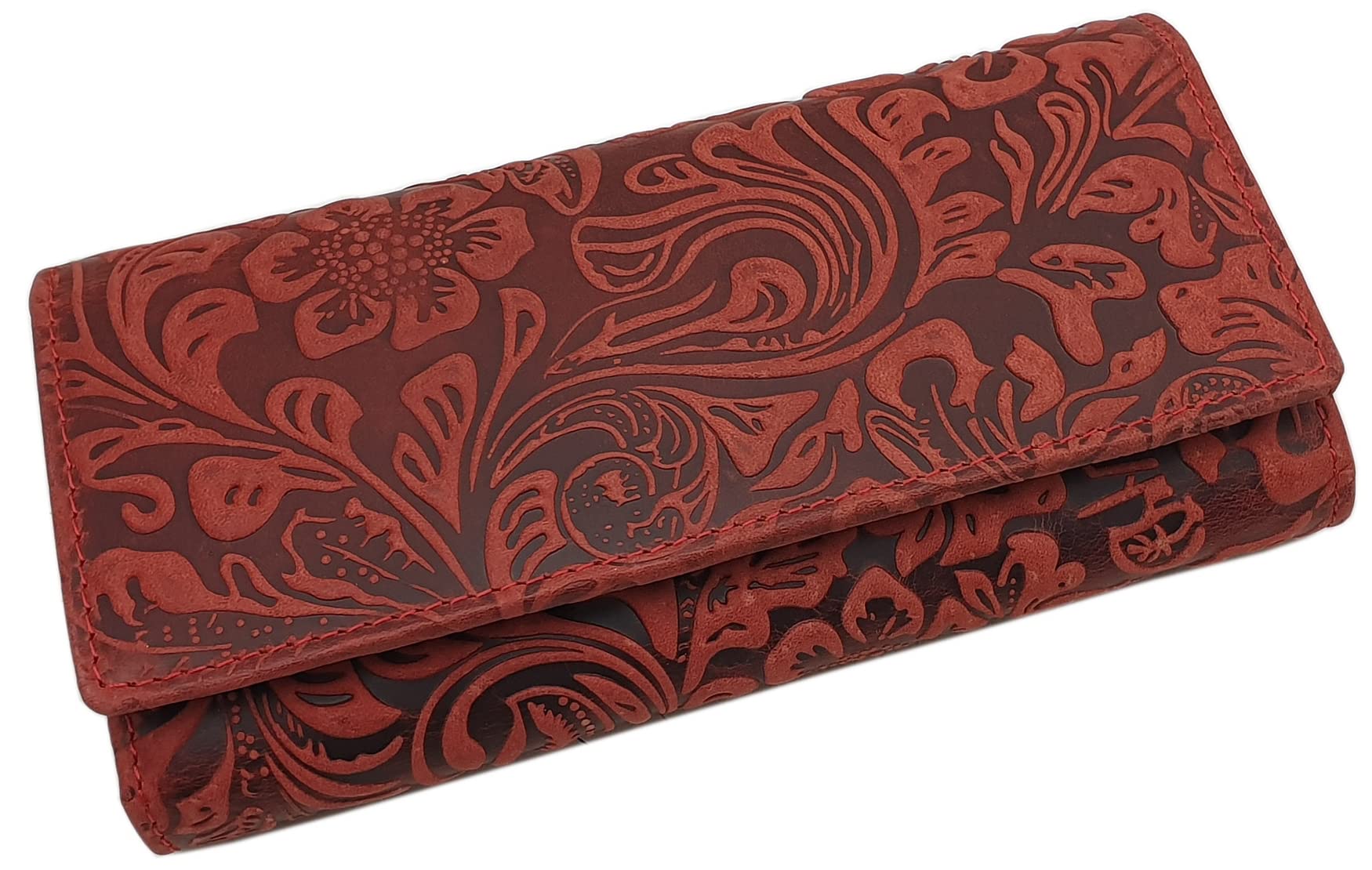 myledershop Large Leather Womens Purse with Beautiful Liana Pattern with fold-Out Compartment with RFID & NFC Blocking (Cherry Red)