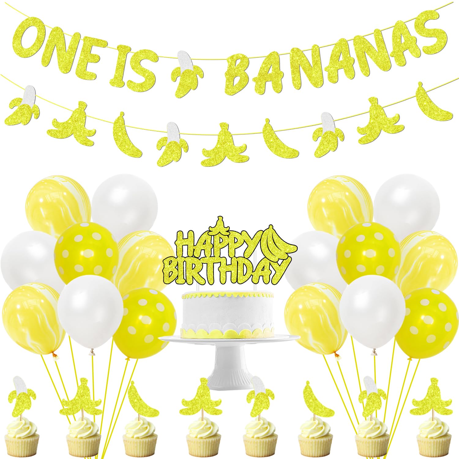 Photo 1 of Bananas 1st Birthday Party Decorations Glitter One is Bananas Banner Garland Bananas Theme Cake and Cupcake Toppers with Balloons Kit for Kids Fruit First Birthday Party Supplies