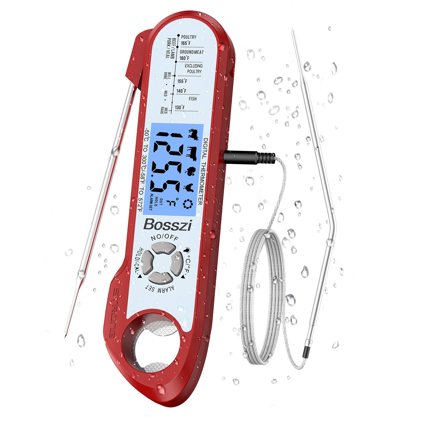 Bosszi Meat Thermometer New Upgraded 2 in 1, Digital Food Thermometer with Alarm, Display and Corkscrew Function, Waterproof Food Thermometer for Grilling,Turkey, BBQ, Baking, Liquids, Candy