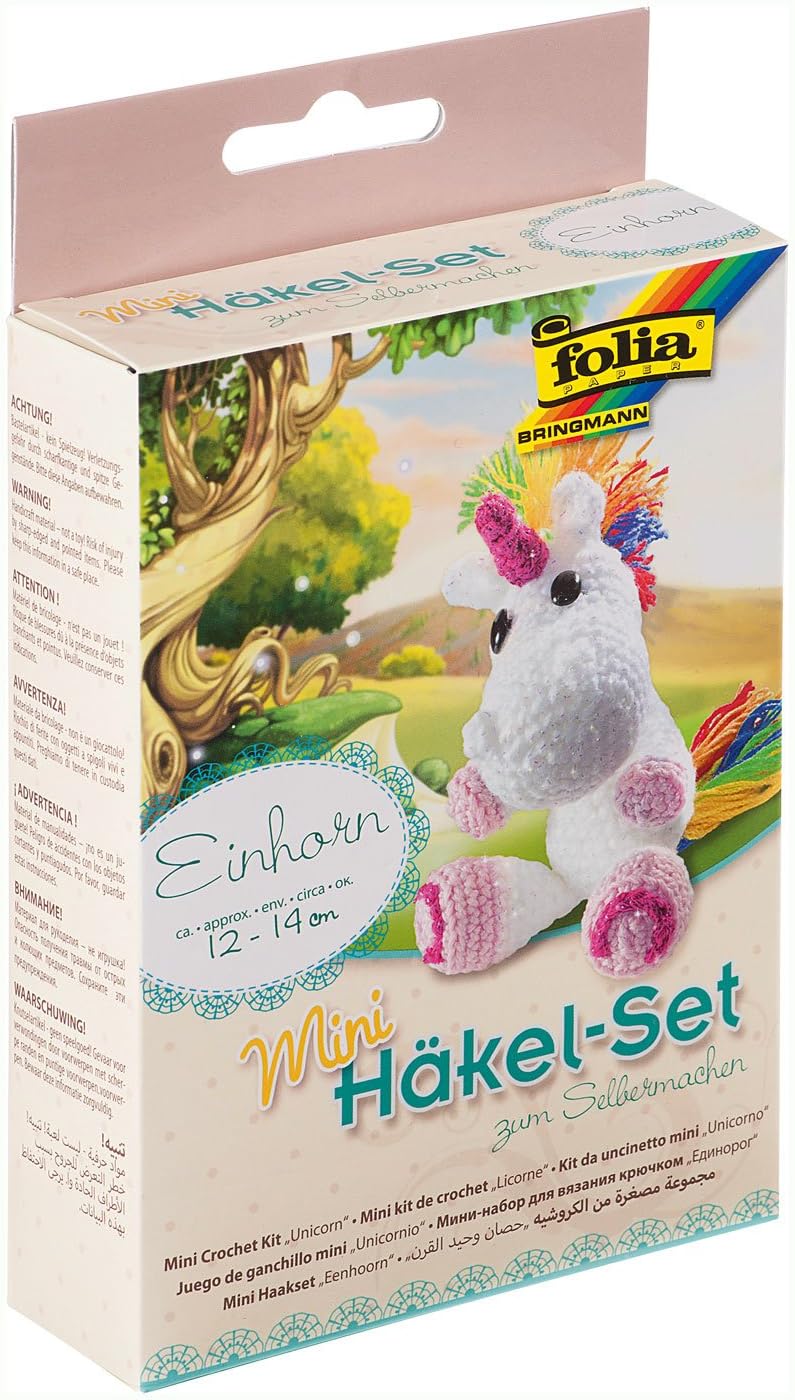 folia 23910 - Mini Häkelset Einhorn, Komplettset zur Erstellung von einem selbst gehäkelten niedlichen Einhorn, ca. 12 - 14 cm groß, für Kinder ab 8 Jahren und Erwachsene, als Geschenk
