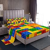 Feelyou Bed Sheet Set Twin Size Color Building Blocks Sheet Set Brick Sheets Bedroom Nursery Bedding Set with Flat Sheet Fitted Sheet Pillowcase 3Pcs
