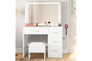 YITAHOME Vanity Desk Set with Large Lighted Mirror & Power Outlet, 3 Color Lighting Modes, Makeup Vanity Table with 4 Drawers, Storage Bench, Bedroom, Crisp White