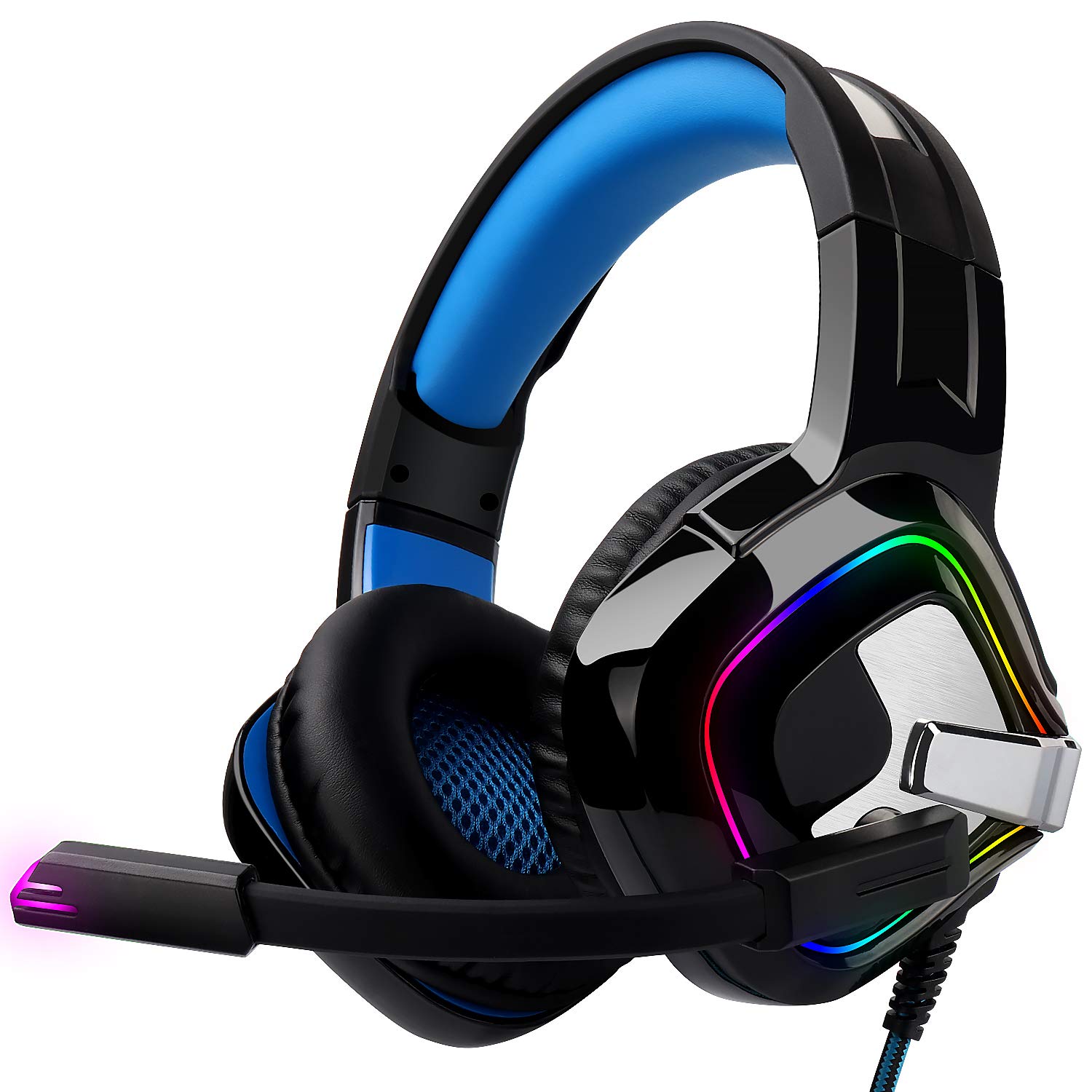 August EPG100L Wired Gaming Headset – 4D Stereo Subwoofer Surround Sound Headphones with Noise-Canceling Mic, 50mm Driver, RGB Lighting, USB & 3.5mm Dual Mode for PC/PS5/Xbox/Switch - Blue