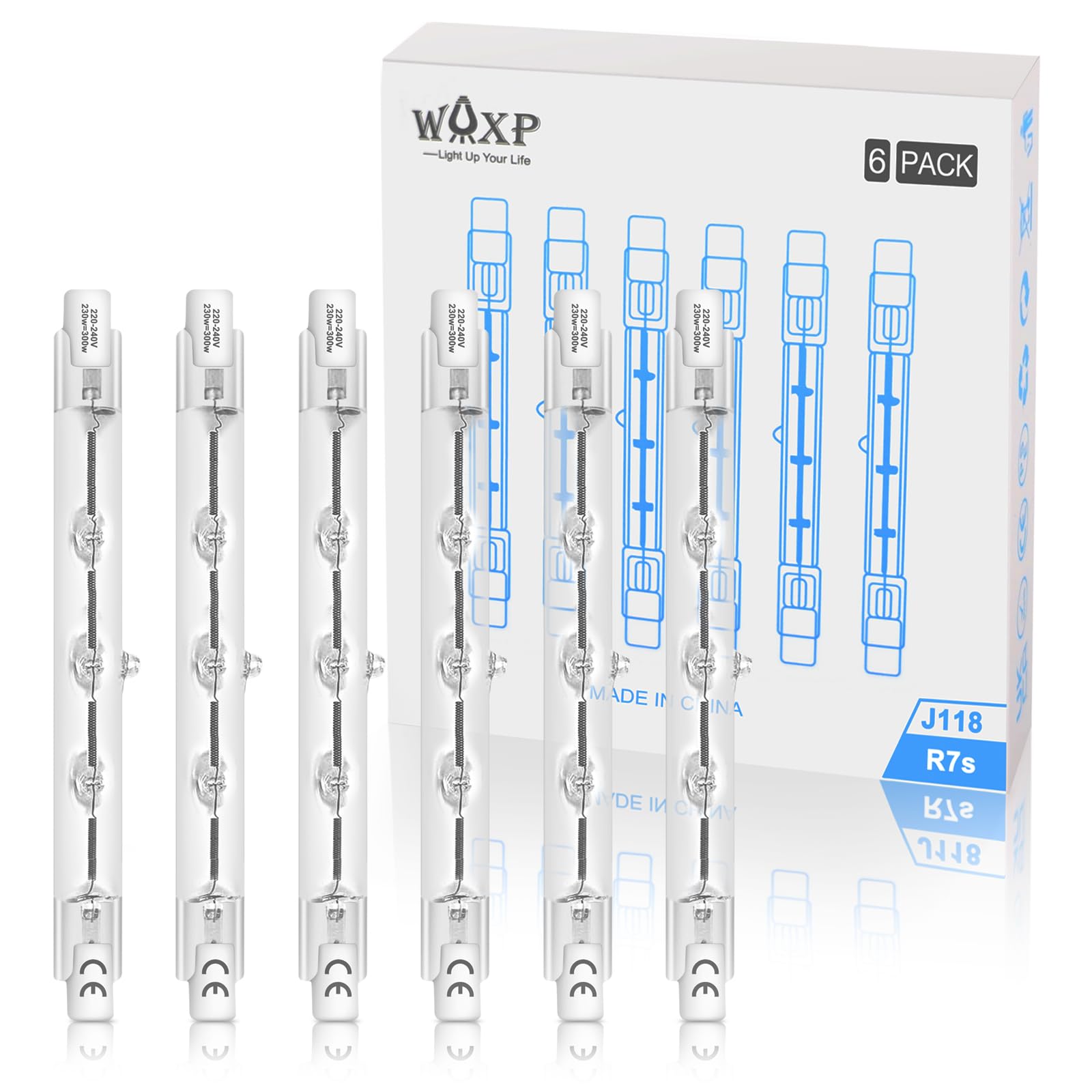 R7s Halogen Light Bulbs Dimmable, 118mm 230W Linear Bulbs for Lamps, 2700K Warm White J118 Security Light Bulb, Pack of 6