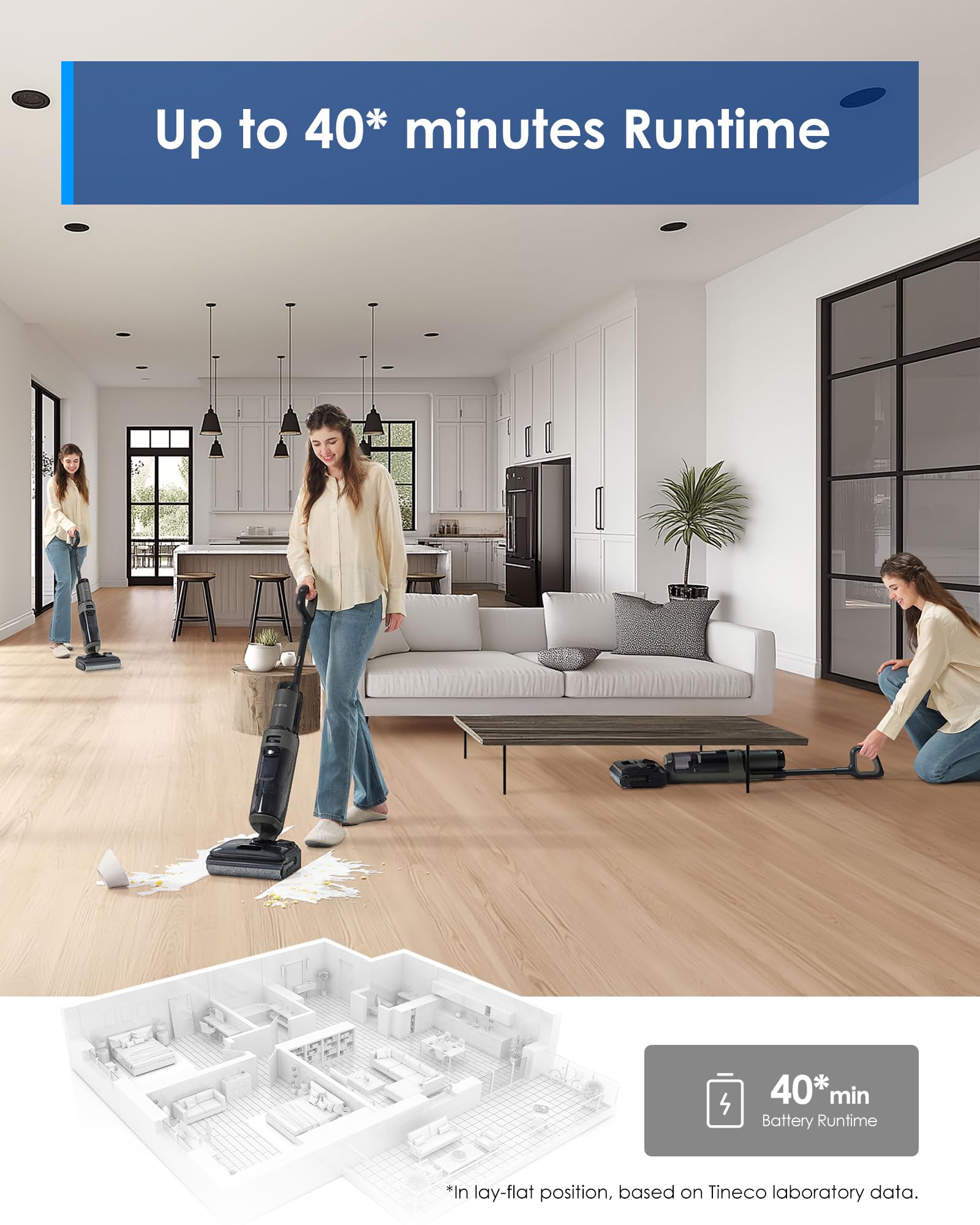 Tineco Floor ONE i6 Aspiradora elástica en seco y húmedo, aspiradora y trapeador todo en uno, succión potente de 20 kpa, hasta 40 minutos de tiempo de ejecución, posición plana de 180°, diseño antienredos, autolimpieza de recorrido completo y secado rápido de 185 ℉
