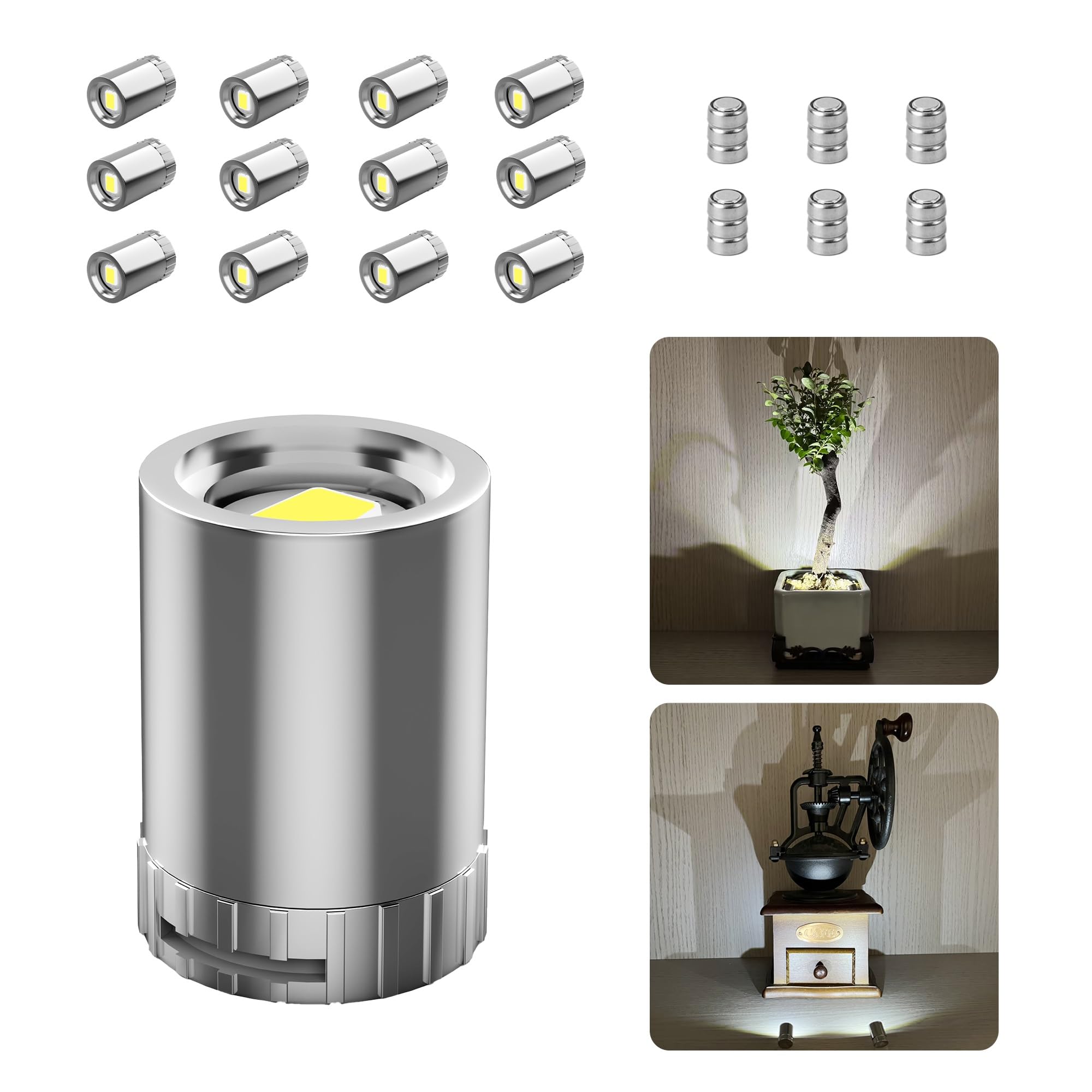 Photo 1 of Novantl 12 Pack Mini LED Lights, Cold White Small LED Light, Mini Spotlights for Displays, Wireless Small Spotlight Battery Powered, Dollhouse Light, Miniature Lights for Crafts, Party, Wedding