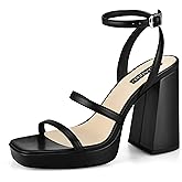 MIRAAZZURRA Platform Strappy Heel Sandals Square Open Toe Two Strap Chunky High Heeled Sandals with Buckle Ankle Strap for Women Party Wedding Dress