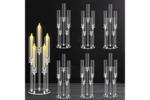 CHELOMENT 6 Sets 5 Arms Acrylic Candelabra Centerpieces for Tables,Clear Candle Holder for Wedding,Ceremony Dinner Party, 27" Tall Candlestick Holders with Lampshade,Fit LED Candle
