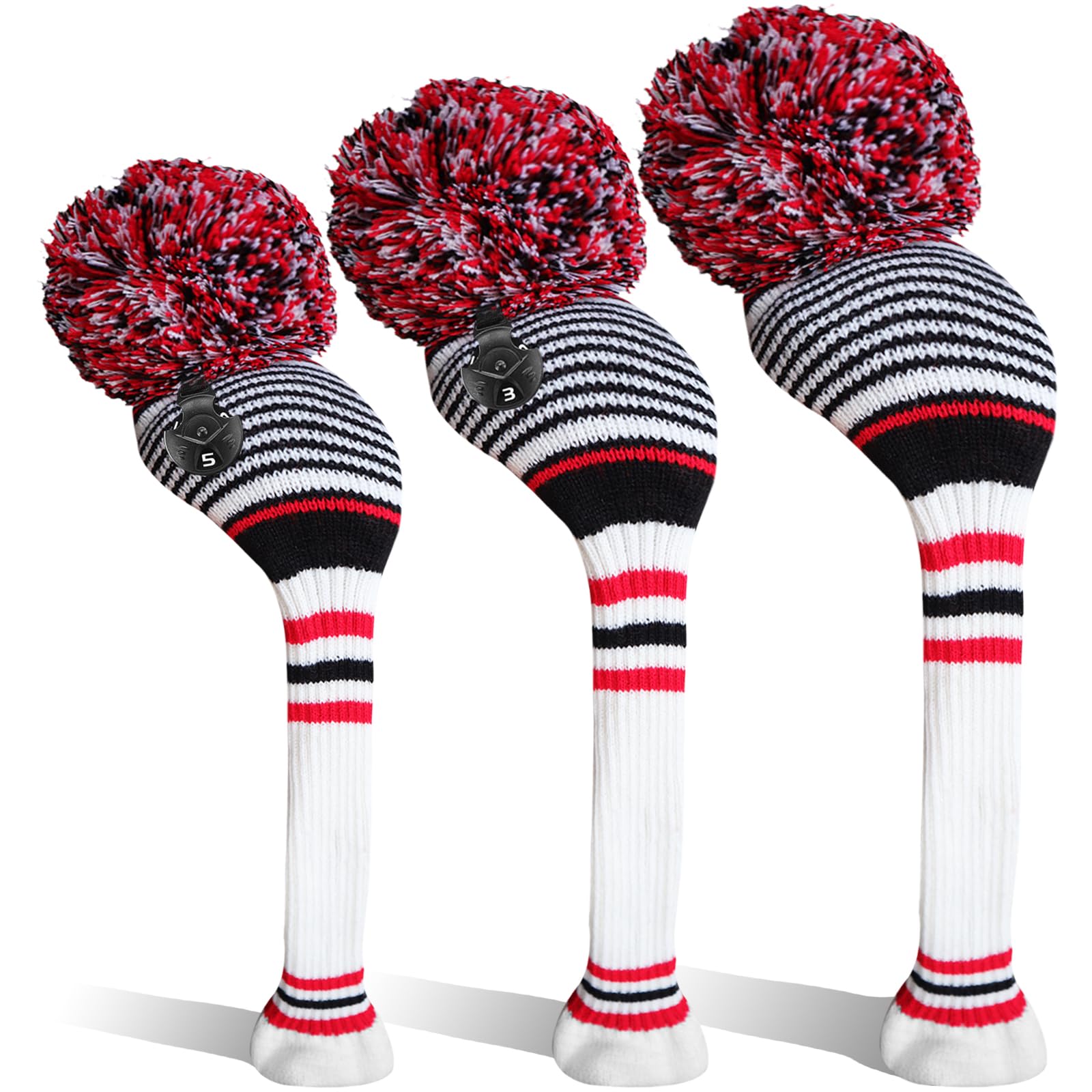 Golf Head Covers Woods Driver Fairway Hybrid 3 Pcs,Golf Headcover Pom Knitted Number 1 3 5 for Men Women Anti-Wrinkle Washable Soft Portable Color Blue Red (Multicolor)