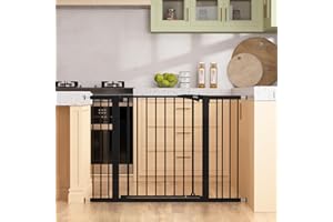 keny 29.7"-46" Baby Gate for Stairs, Auto Close Dog Gates for Doorways, Pressured Mounted No Drilling Pet Gate Extra Wide, One-Hand Opening Dual Lock Stair Gate, Indoor Kids Necessities, Black