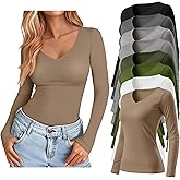 Oakgarden 8 Pack Women's Long Sleeve Shirts Bulk Deep V Neck Slim Fit Tops Casual Knit Basic Fall Tees Multipack
