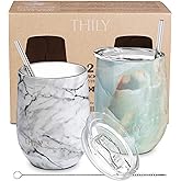 THILY Vacuum Insulated Stemless Wine Tumbler 12 oz Stainless Steel Wine Glass with Lid and Straw, Keep Cold or Hot for Coffee, Cocktails, Christmas Birthday Gift, 2 Pack(White Marble + Opal Marble)