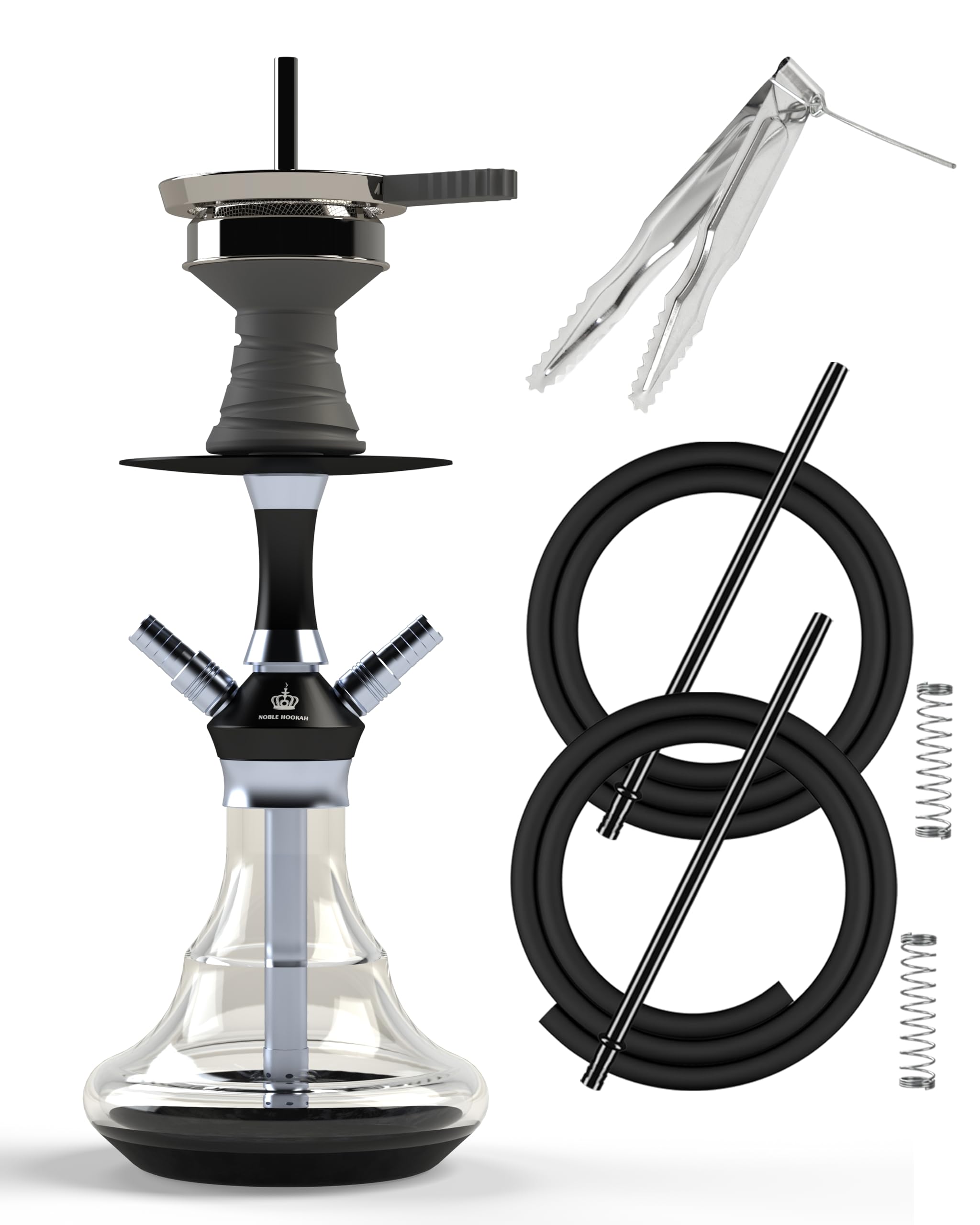 Photo 1 of NOBLE HOOKAH 17" Hookah Set 2 Hose with Everything - Portable Aluminum Desktop Hookah Complete Set for Travel with Accessories - Handmade Glass Base Ceramic Bowl